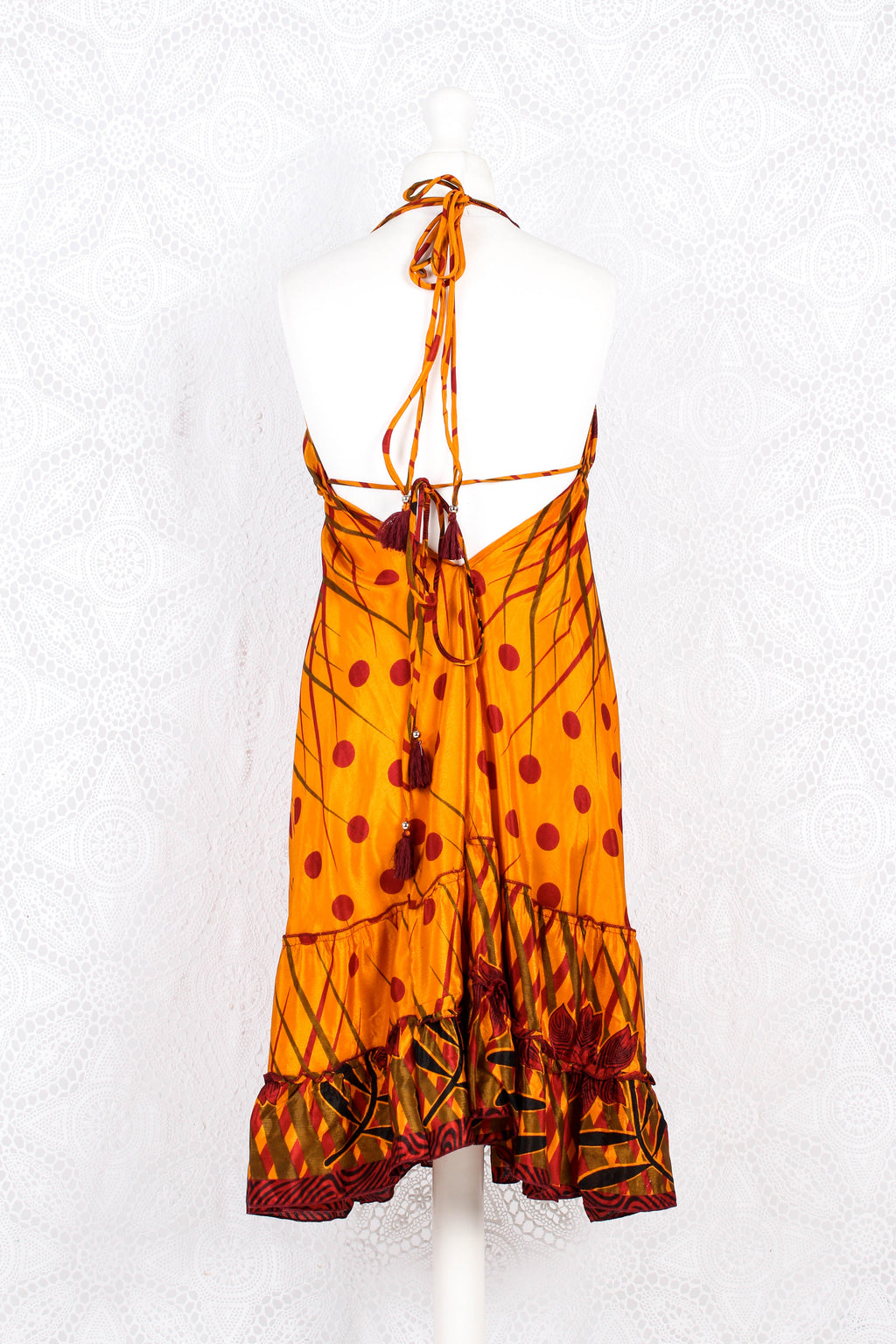 Blossom Mini Halter Dress - Vintage Indian Sari - Amber & Garnet Flower - M/L