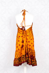 Blossom Mini Halter Dress - Vintage Indian Sari - Amber & Garnet Flower - M/L