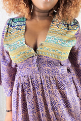 Lunar Maxi Dress - Vintage Indian Sari - Purple Gold & Teal - S/M