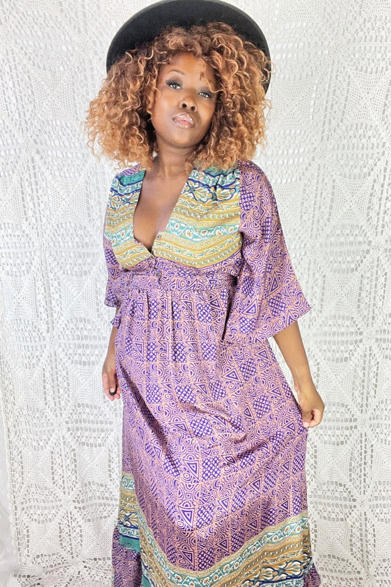 Lunar Maxi Dress - Vintage Indian Sari - Purple Gold & Teal - S/M