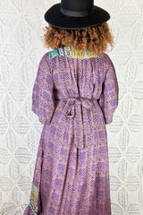 Lunar Maxi Dress - Vintage Indian Sari - Purple Gold & Teal - S/M