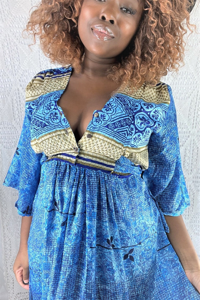 Lunar Maxi Dress - Vintage Indian Sari - Deep Cornflower Blue & Beige - S/M by all about audrey