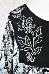 Vintage Indian Cotton Smock Dress - Black & White Embroidered Floral - Free Size S to XXL