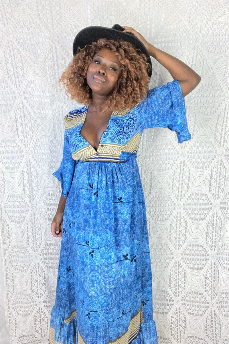Lunar Maxi Dress - Vintage Indian Sari - Deep Cornflower Blue & Beige - S/M by all about audrey