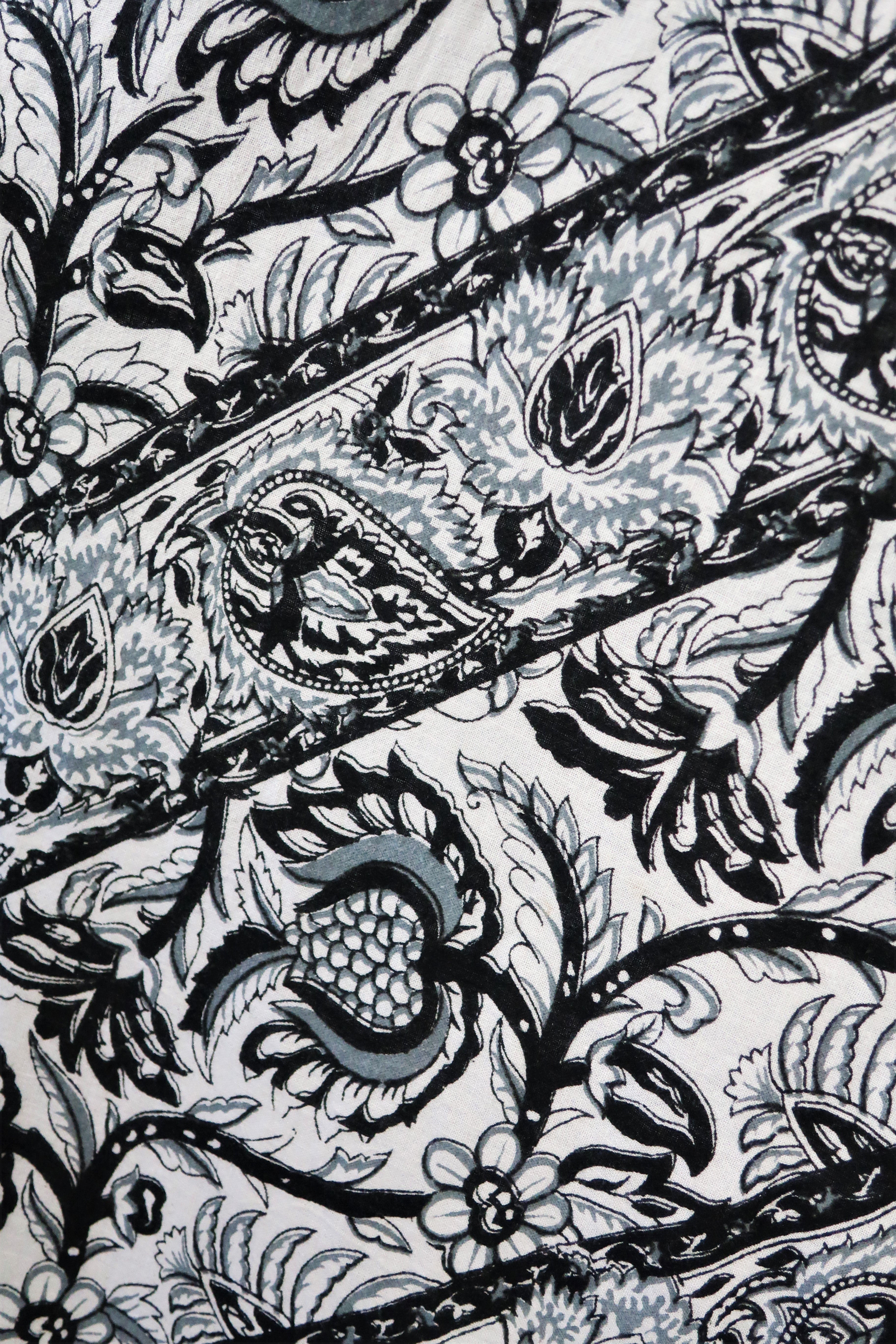 Vintage Indian Cotton Smock Dress - Black & White Embroidered Floral - Free Size S to XXL