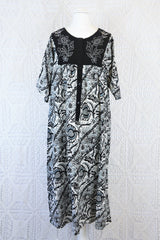 Vintage Indian Cotton Smock Dress - Black & White Embroidered Floral - Free Size S to XXL