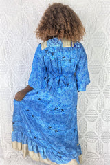 Lunar Maxi Dress - Vintage Indian Sari - Deep Cornflower Blue & Beige - S/M by all about audrey