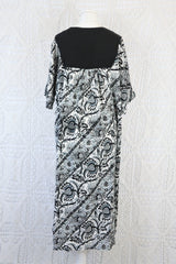 Vintage Indian Cotton Smock Dress - Black & White Embroidered Floral - Free Size S to XXL