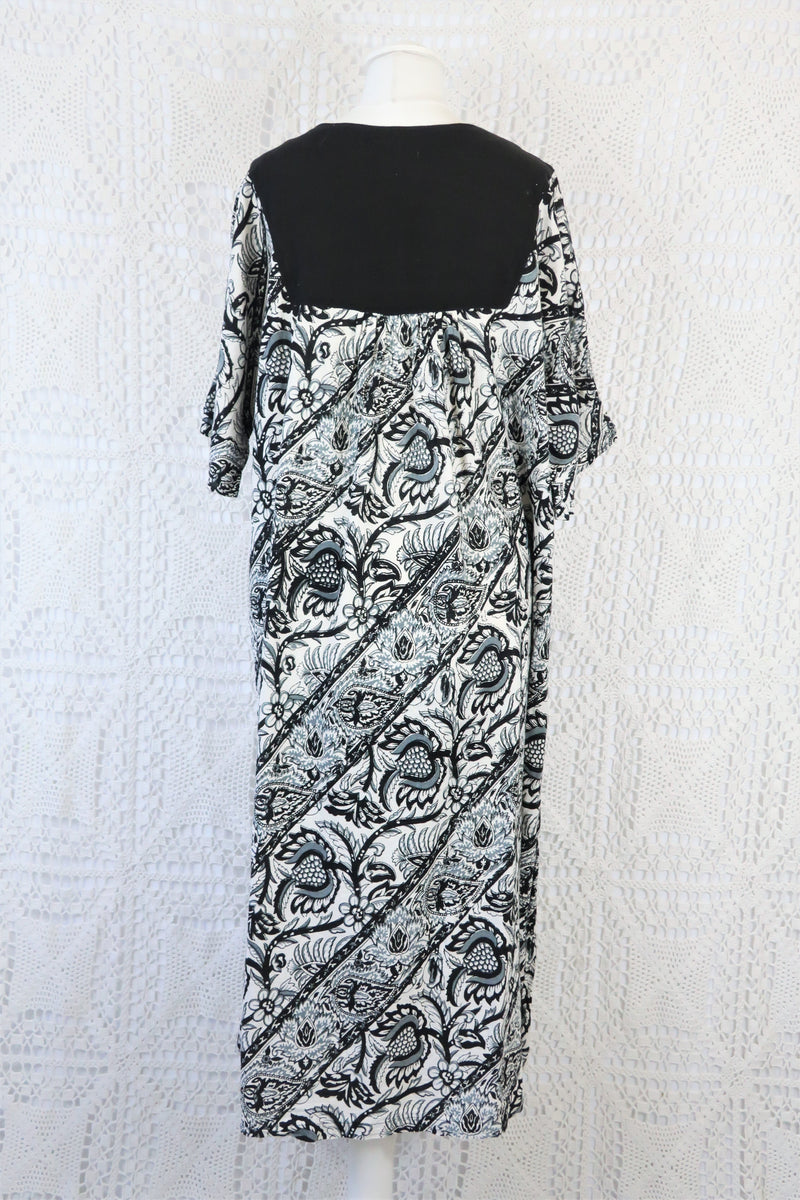 Vintage Indian Cotton Smock Dress - Black & White Embroidered Floral - Free Size S to XXL