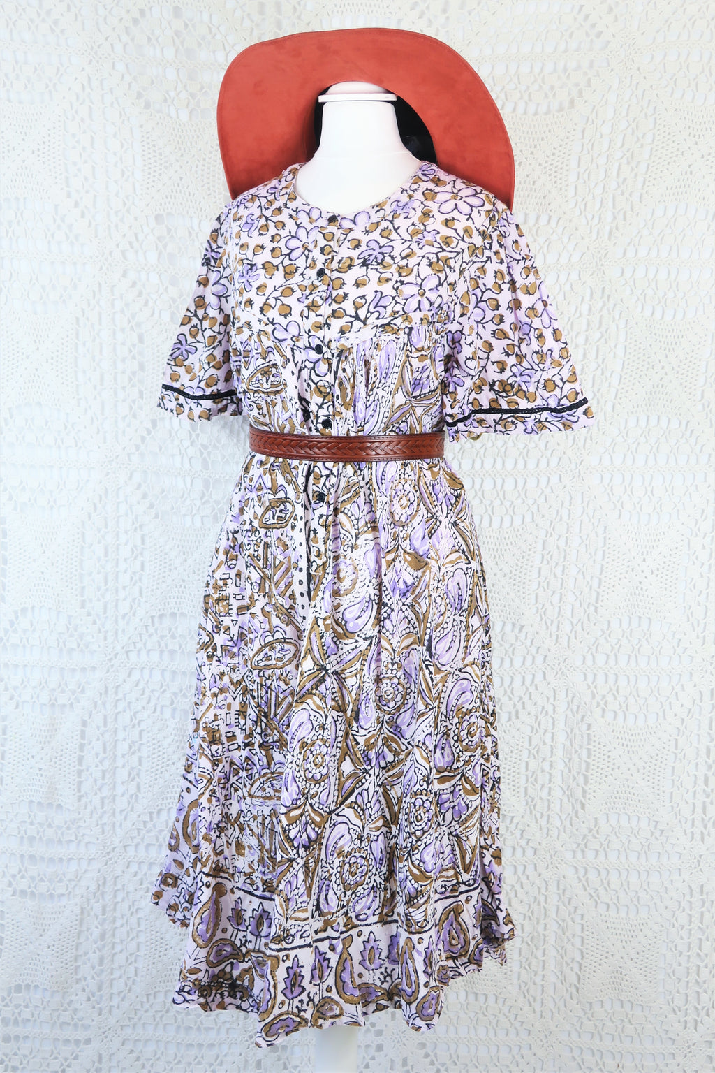 Vintage Indian Cotton Smock Dress - Wisteria & Olive - Free Size M