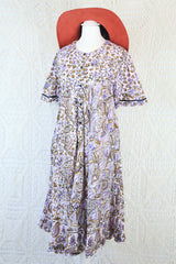 Vintage Indian Cotton Smock Dress - Wisteria & Olive - Free Size M