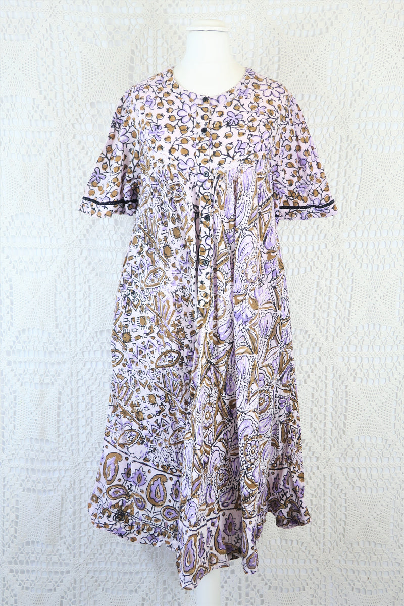 Vintage Indian Cotton Smock Dress - Wisteria & Olive - Free Size M