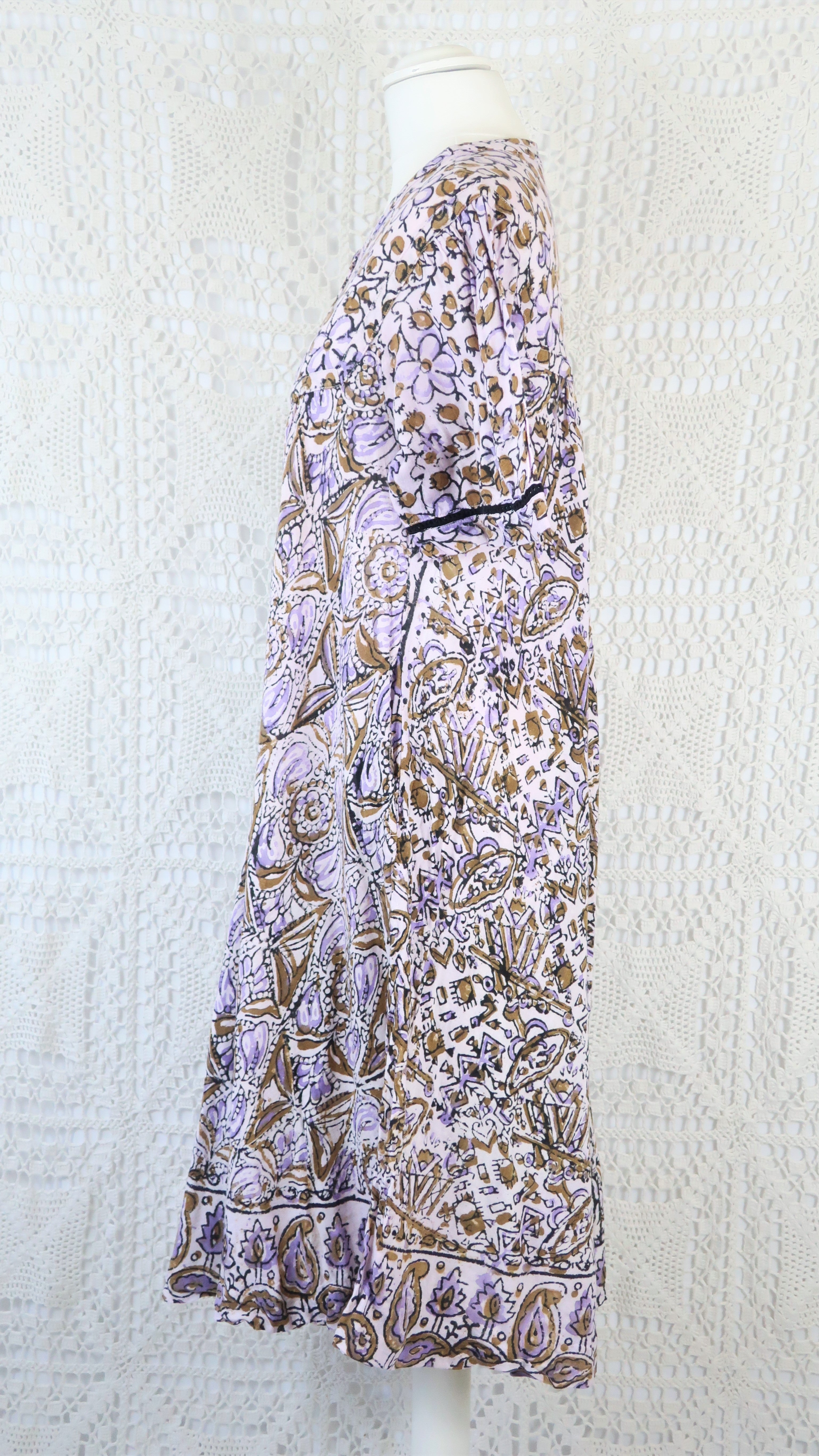 Vintage Indian Cotton Smock Dress - Wisteria & Olive - Free Size M