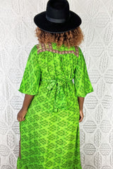 Lunar Maxi Dress - Vintage Indian Sari - Neon Green & Cerise Floral - S/M