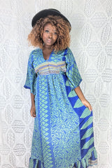 Lunar Maxi Dress - Vintage Indian Sari - Sage Green, Honey & Indigo Paisley - S/M By All About Audrey