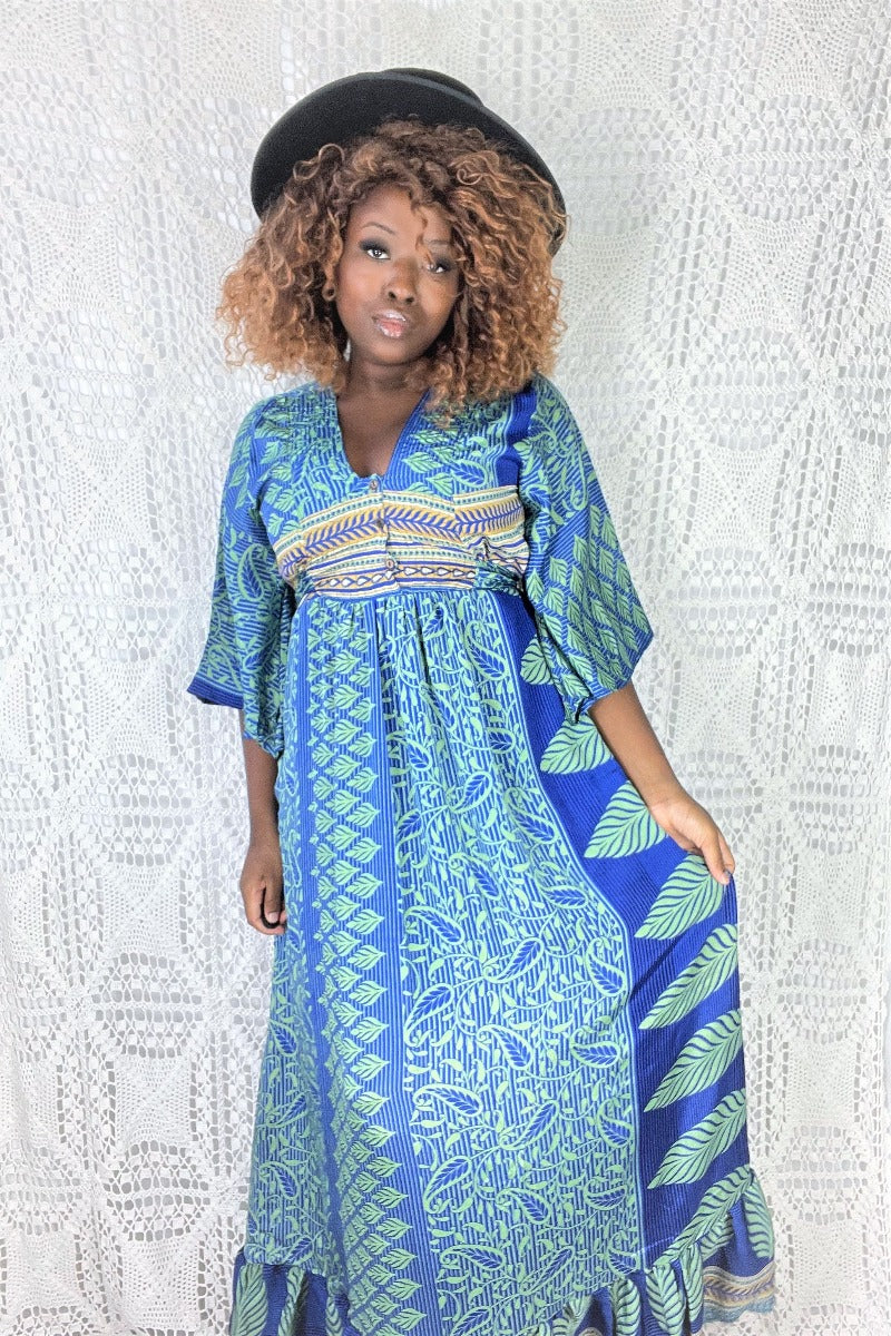 Lunar Maxi Dress - Vintage Indian Sari - Sage Green, Honey & Indigo Paisley - S/M By All About Audrey