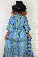 Lunar Maxi Dress - Vintage Indian Sari - Sage Green, Honey & Indigo Paisley - S/M By All About Audrey