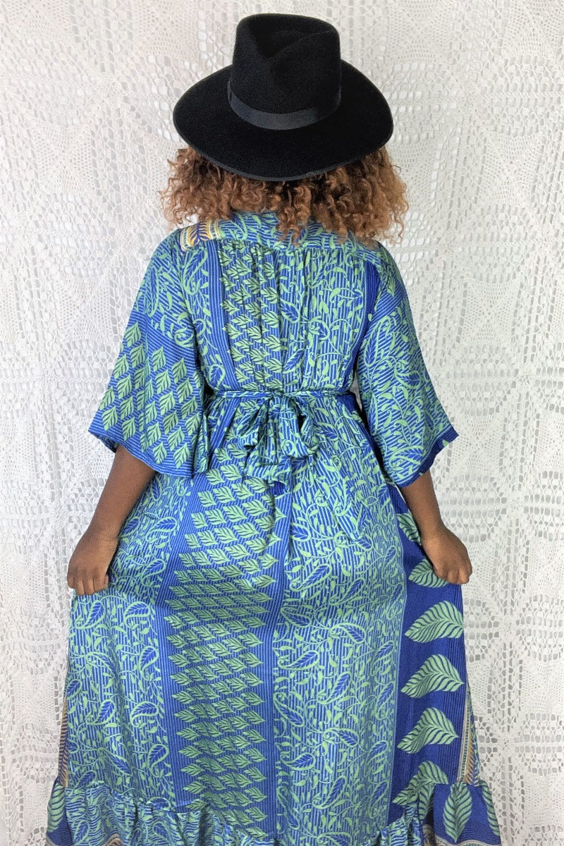 Lunar Maxi Dress - Vintage Indian Sari - Sage Green, Honey & Indigo Paisley - S/M By All About Audrey