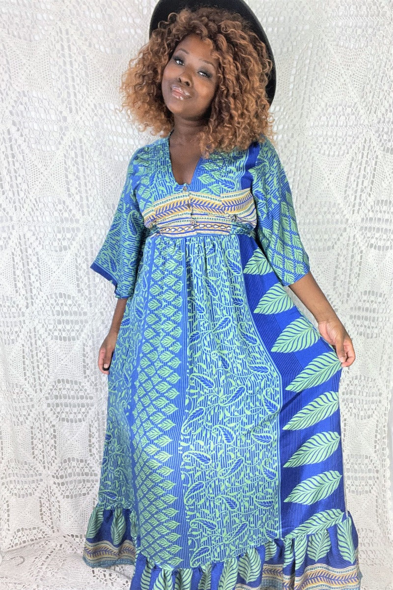 Lunar Maxi Dress - Vintage Indian Sari - Sage Green, Honey & Indigo Paisley - S/M By All About Audrey