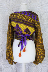 Gemini Wrap Top - Vintage Indian Sari - Sun, Tawny & Violet Motif - M/L