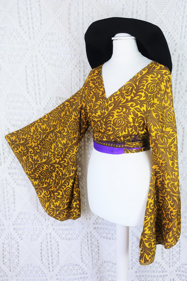 Gemini Wrap Top - Vintage Indian Sari - Sun, Tawny & Violet Motif - M/L