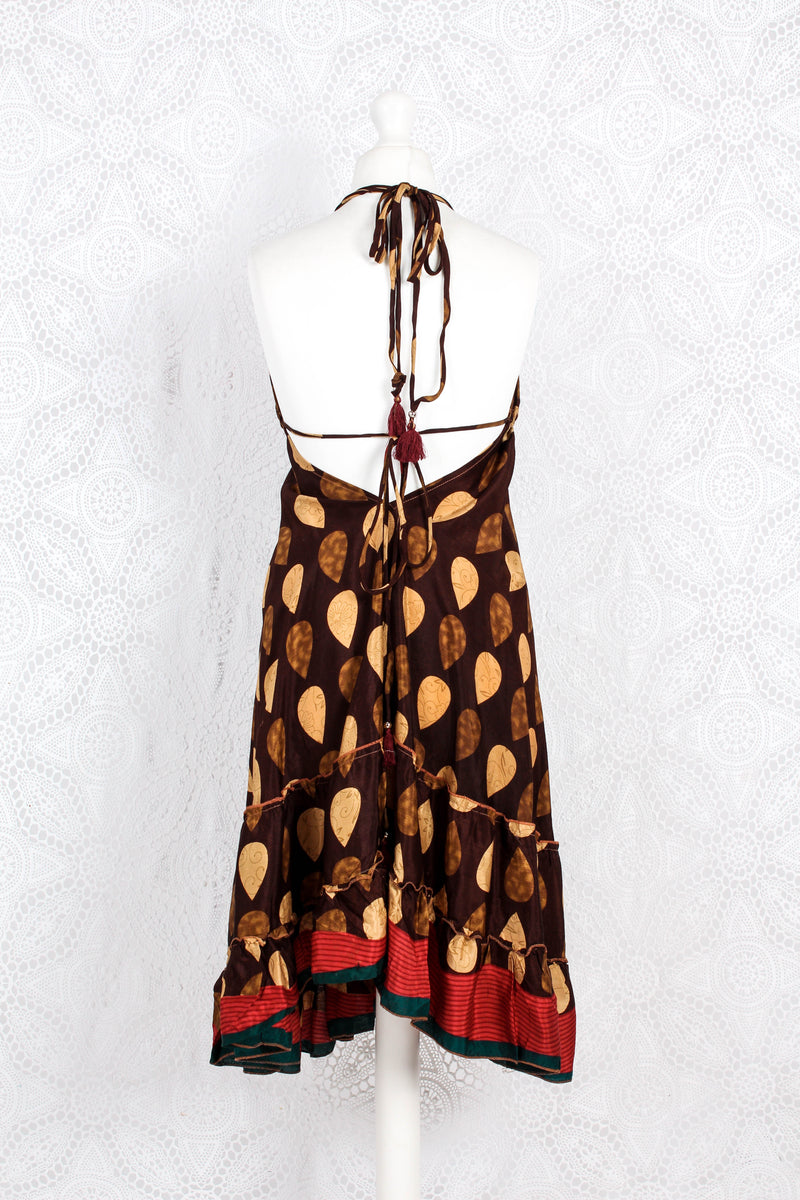 Blossom Mini Halter Dress - Vintage Indian Sari - Carob & Gold Raindrops - M/L