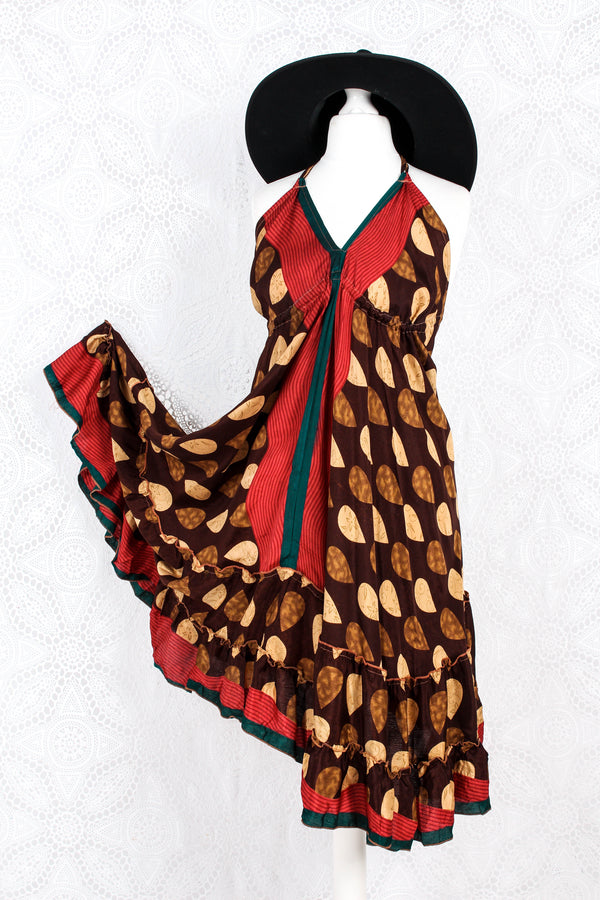 Blossom Mini Halter Dress - Vintage Indian Sari - Carob & Gold Raindrops - M/L