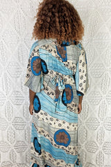 Lunar Maxi Dress - Vintage Indian Sari - Wheat & Ocean Floral - S/M