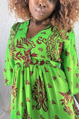 Lunar Maxi Dress - Vintage Indian Sari - Vibrant Lime & Auburn Motif - Free Size S/M by all about audrey
