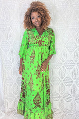 Lunar Maxi Dress - Vintage Indian Sari - Vibrant Lime & Auburn Motif - Free Size S/M by all about audrey