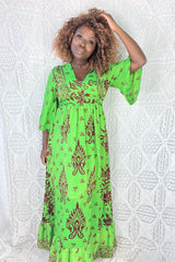 Lunar Maxi Dress - Vintage Indian Sari - Vibrant Lime & Auburn Motif - Free Size S/M by all about audrey
