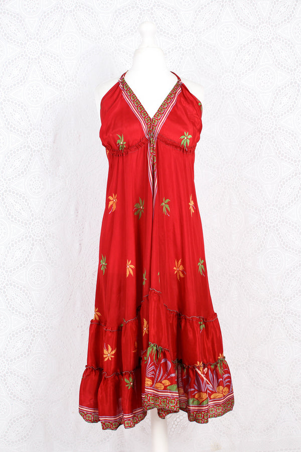 Blossom Mini Halter Dress - Vintage Indian Sari - Sheer Scarlet Shimmer - S/M