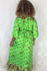 Lunar Maxi Dress - Vintage Indian Sari - Vibrant Lime & Auburn Motif - Free Size S/M by all about audrey