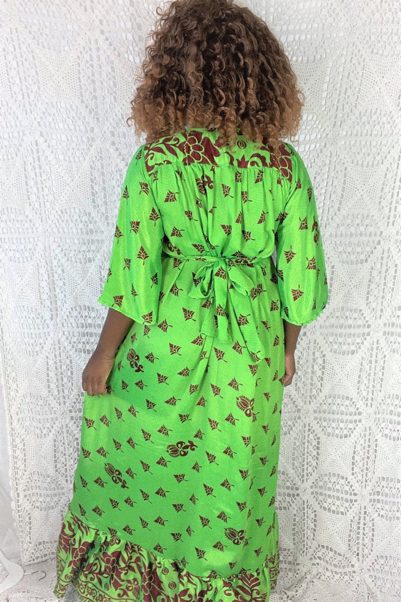 Lunar Maxi Dress - Vintage Indian Sari - Vibrant Lime & Auburn Motif - Free Size S/M by all about audrey
