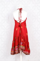 Blossom Mini Halter Dress - Vintage Indian Sari - Sheer Scarlet Shimmer - S/M