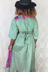 Lunar Maxi Dress - Vintage Indian Sari - Bold, Magenta & Teal Paisley Motif - S/M
