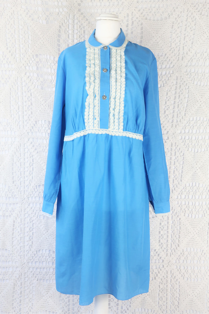 Vintage Mini Dress - Babydoll Blue & Lace - Size M