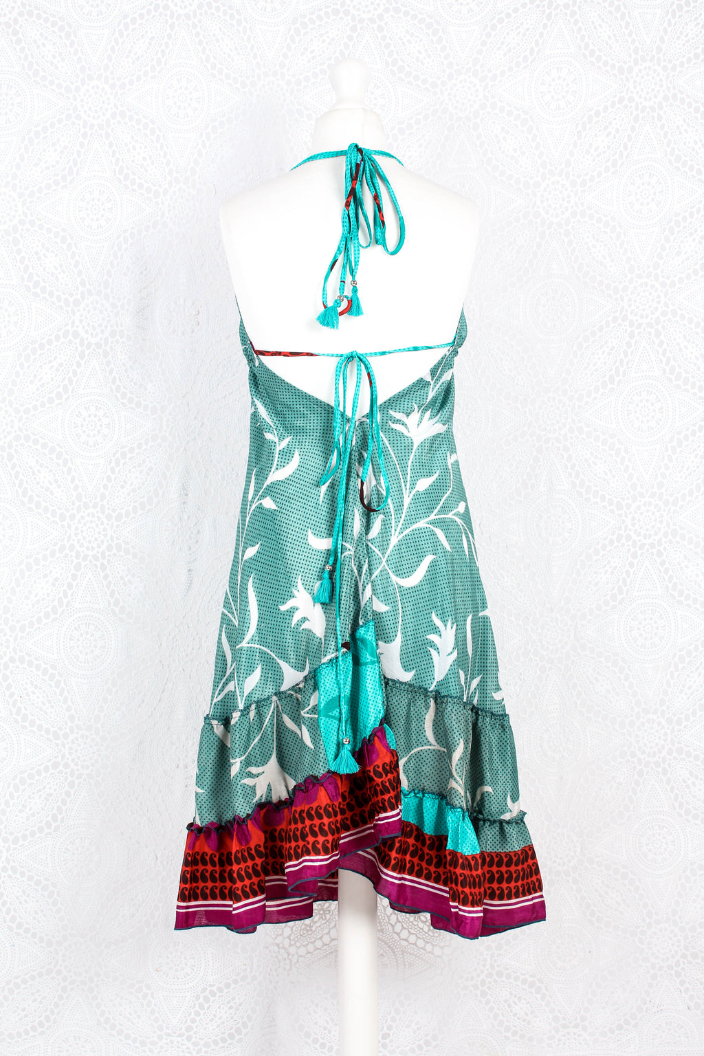 Blossom Mini Halter Dress - Vintage Indian Sari - Sheer Ocean Blue Paisley - M/L