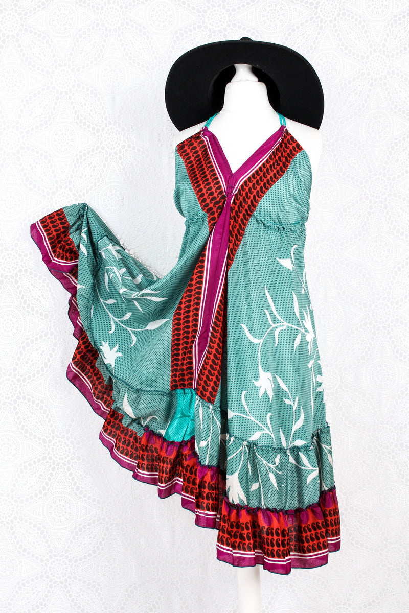 Blossom Mini Halter Dress - Vintage Indian Sari - Sheer Ocean Blue Paisley - M/L