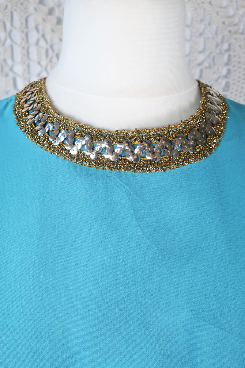 Vintage 70's Dress - Aqua Blue Sleeveless chiffon Maxi - Size S/M