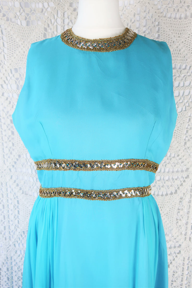 Vintage 70's Dress - Aqua Blue Sleeveless chiffon Maxi - Size S/M
