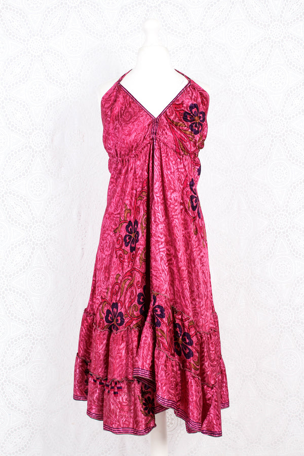 Blossom Mini Halter Dress - Vintage Indian Sari - Deep Pink Shimmer - S/M