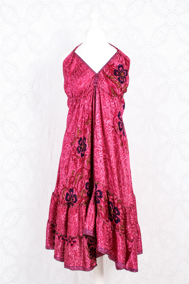 Blossom Mini Halter Dress - Vintage Indian Sari - Deep Pink Shimmer - S/M