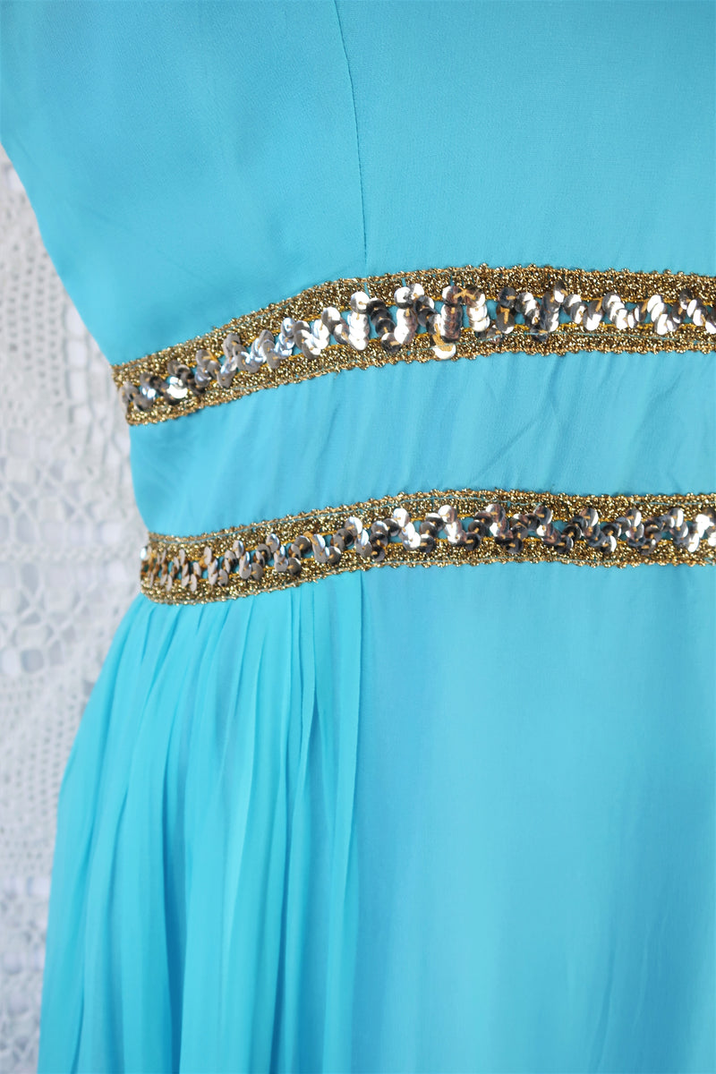 Vintage 70's Dress - Aqua Blue Sleeveless chiffon Maxi - Size S/M