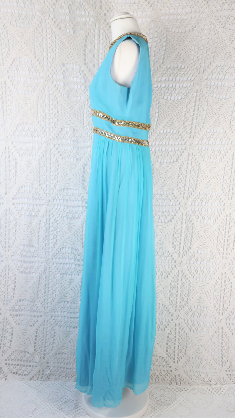Vintage 70's Dress - Aqua Blue Sleeveless chiffon Maxi - Size S/M