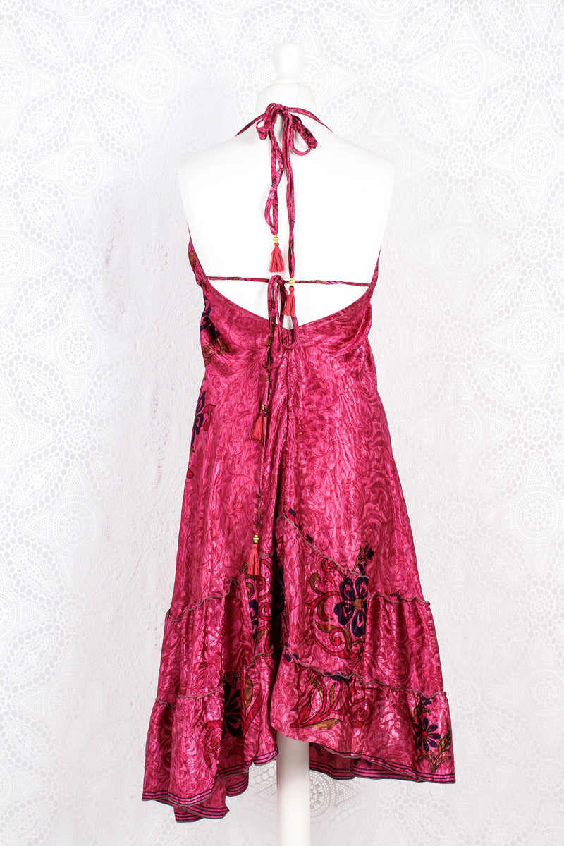 Blossom Mini Halter Dress - Vintage Indian Sari - Deep Pink Shimmer - S/M