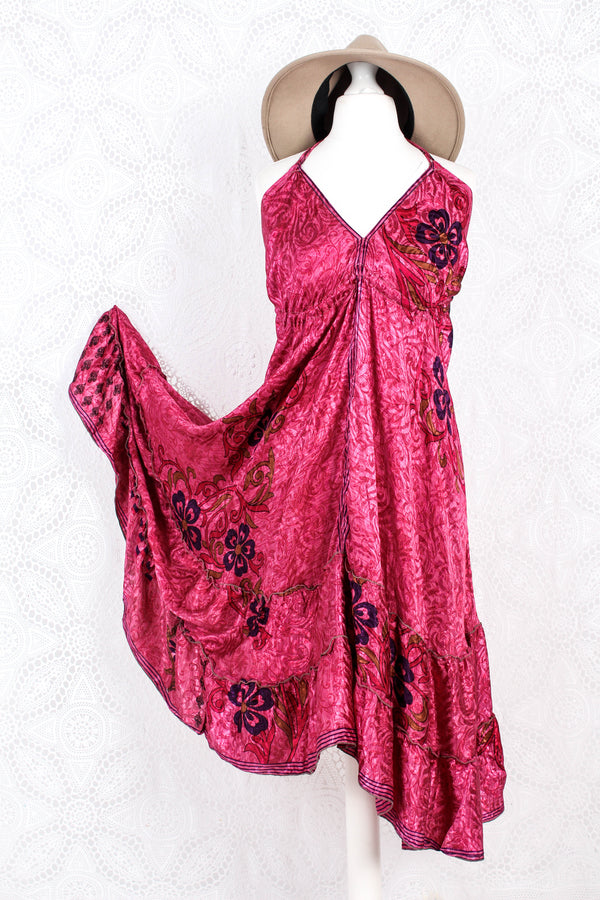 Blossom Mini Halter Dress - Vintage Indian Sari - Deep Pink Shimmer - S/M