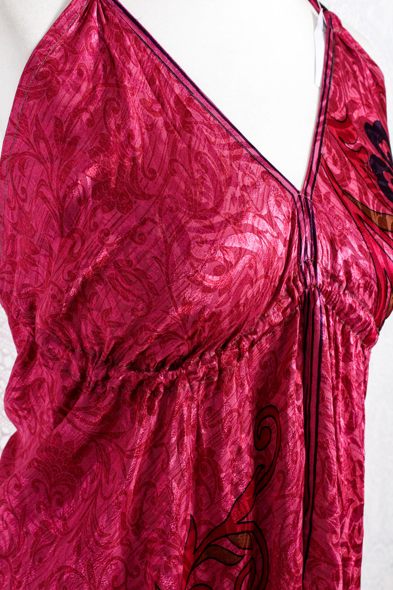 Blossom Mini Halter Dress - Vintage Indian Sari - Deep Pink Shimmer - S/M