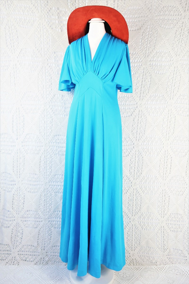 Vintage 70’s Dress - Olympic Blue Empire Line Angel Sleeve Maxi - Size S By All About Audrey