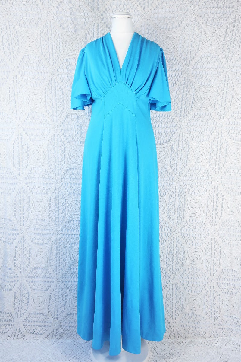 Vintage 70’s Dress - Olympic Blue Empire Line Angel Sleeve Maxi - Size S By All About Audrey